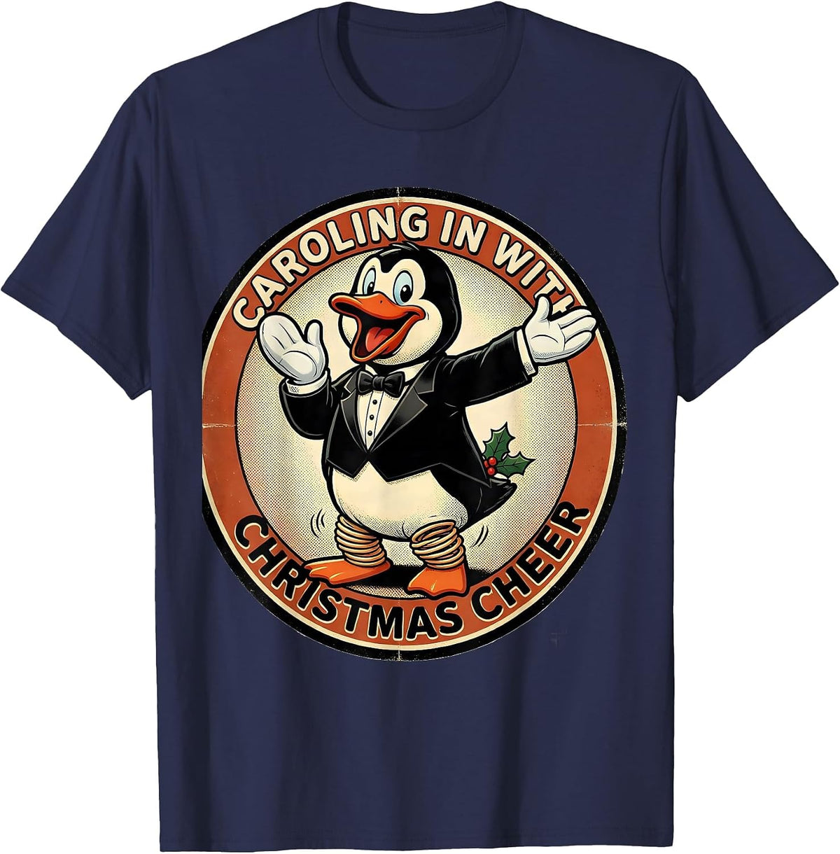 Men's Caroling In With Christmas Cheer Retro Cartoon Penguin Lover T-Shirt - Navy Blue