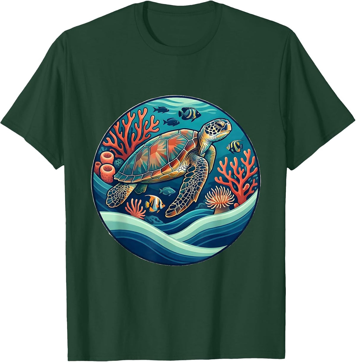 Sea Turtle Coral Reef Hawaiian Graphic Tee T-Shirt - Dark Green