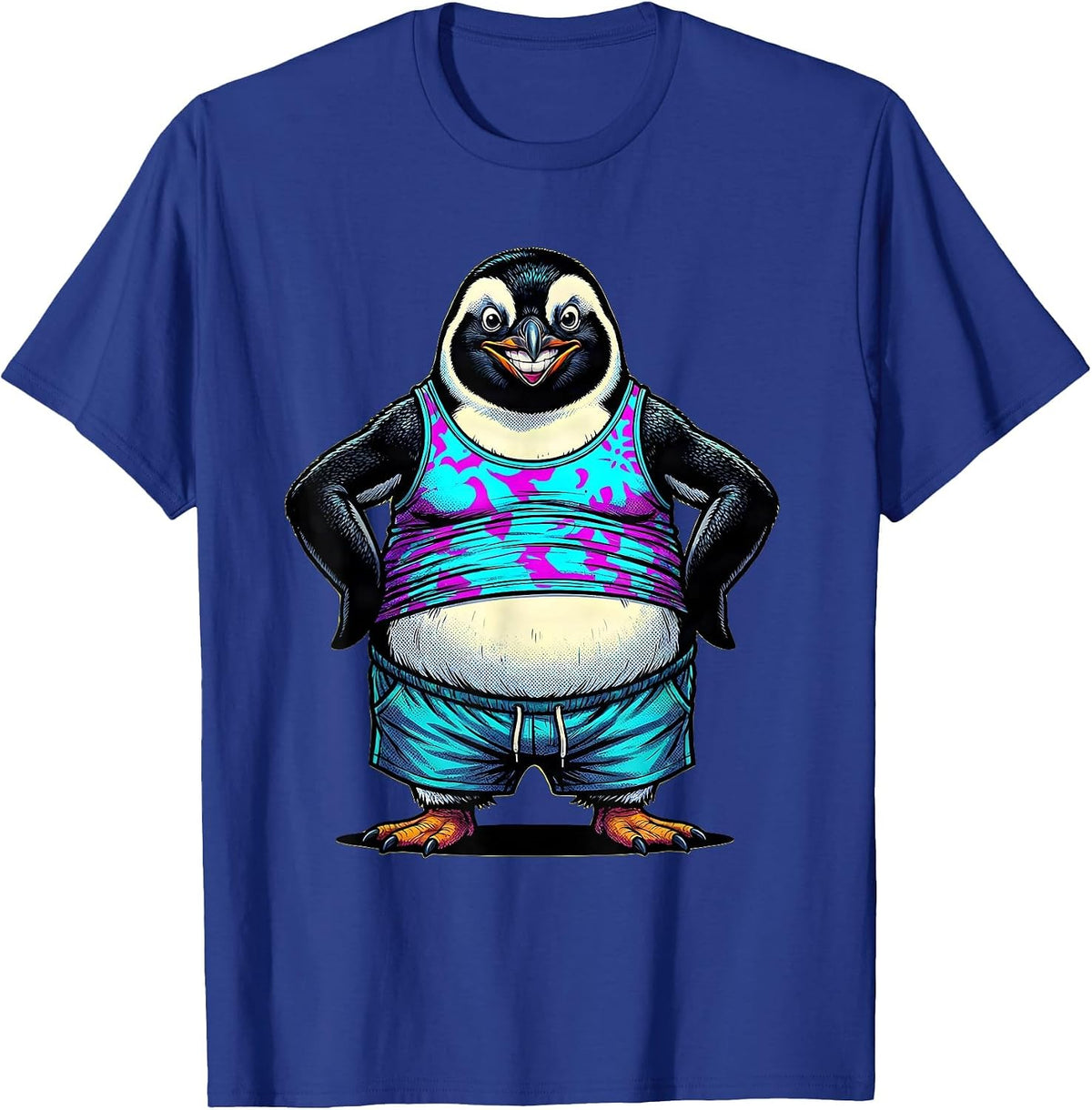 Funny Portly Penguin in Tank Top and Shorts T-Shirt - Royal Blue