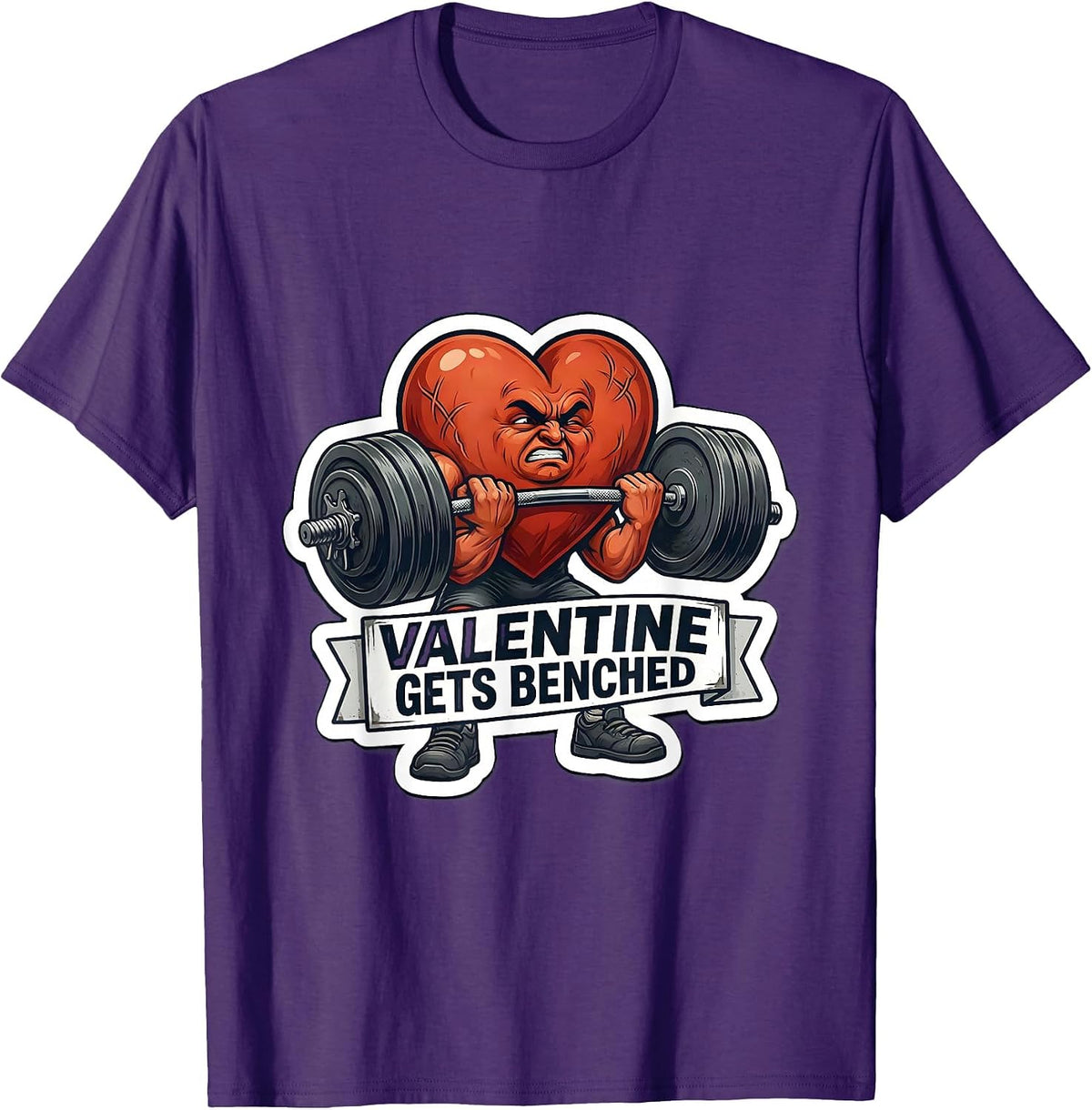 Valentine Gets Benched Funny Gym Heart Weightlifting Humor T-Shirt - Purple