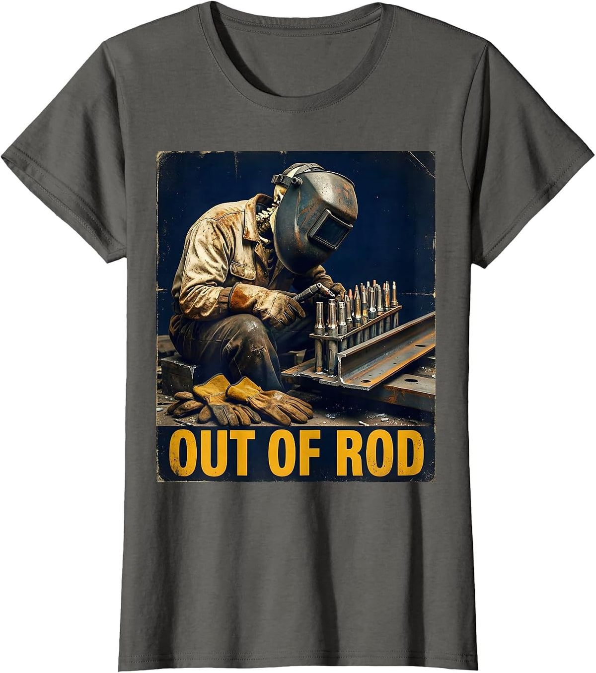 Women's Out Of Rod Vintage Welder Skeleton Tradesman Humor T-Shirt - Asphalt Grey