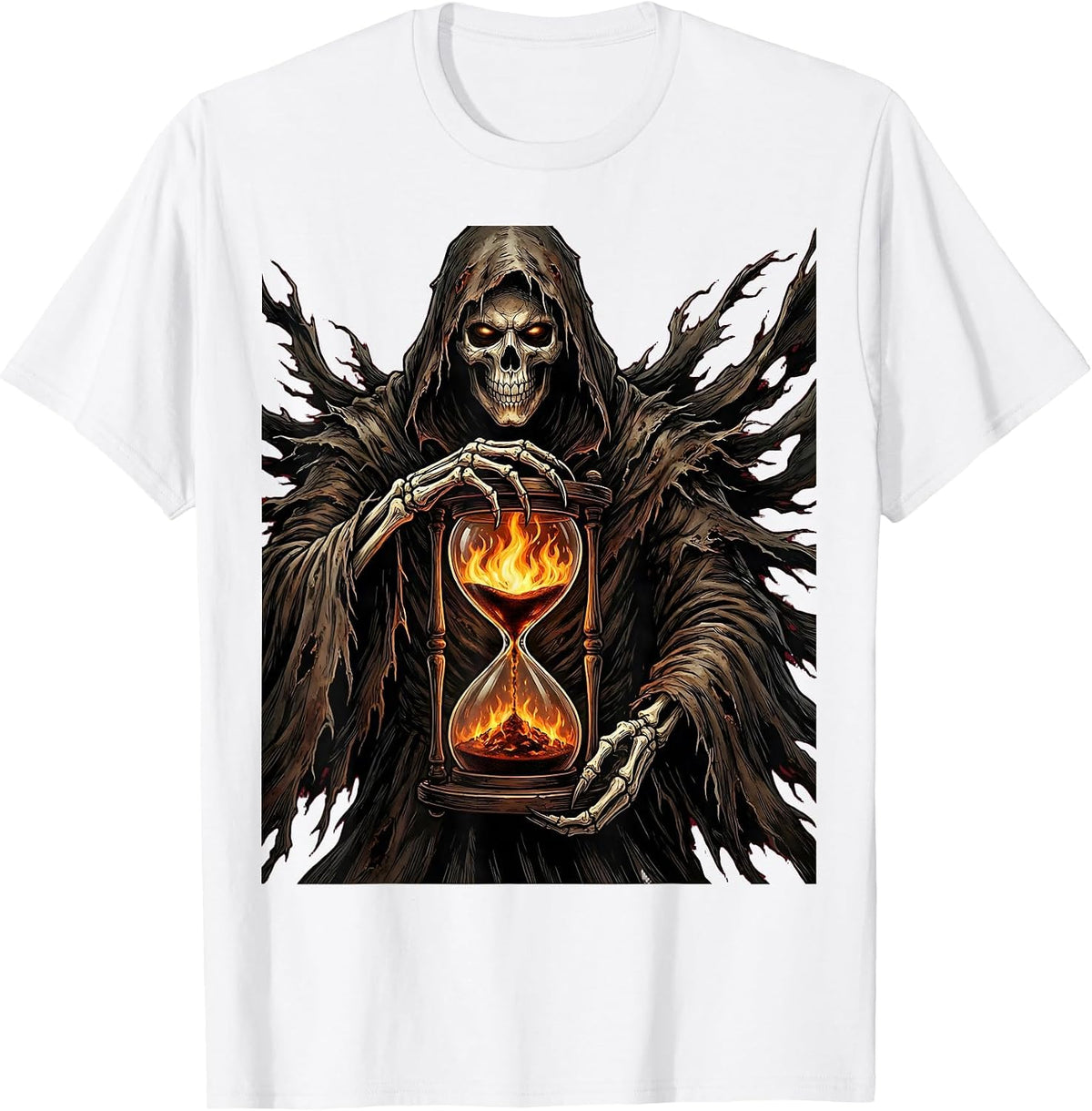 Men's Grim Reaper Hourglass of Fire Gothic Metal Art T-Shirt - White