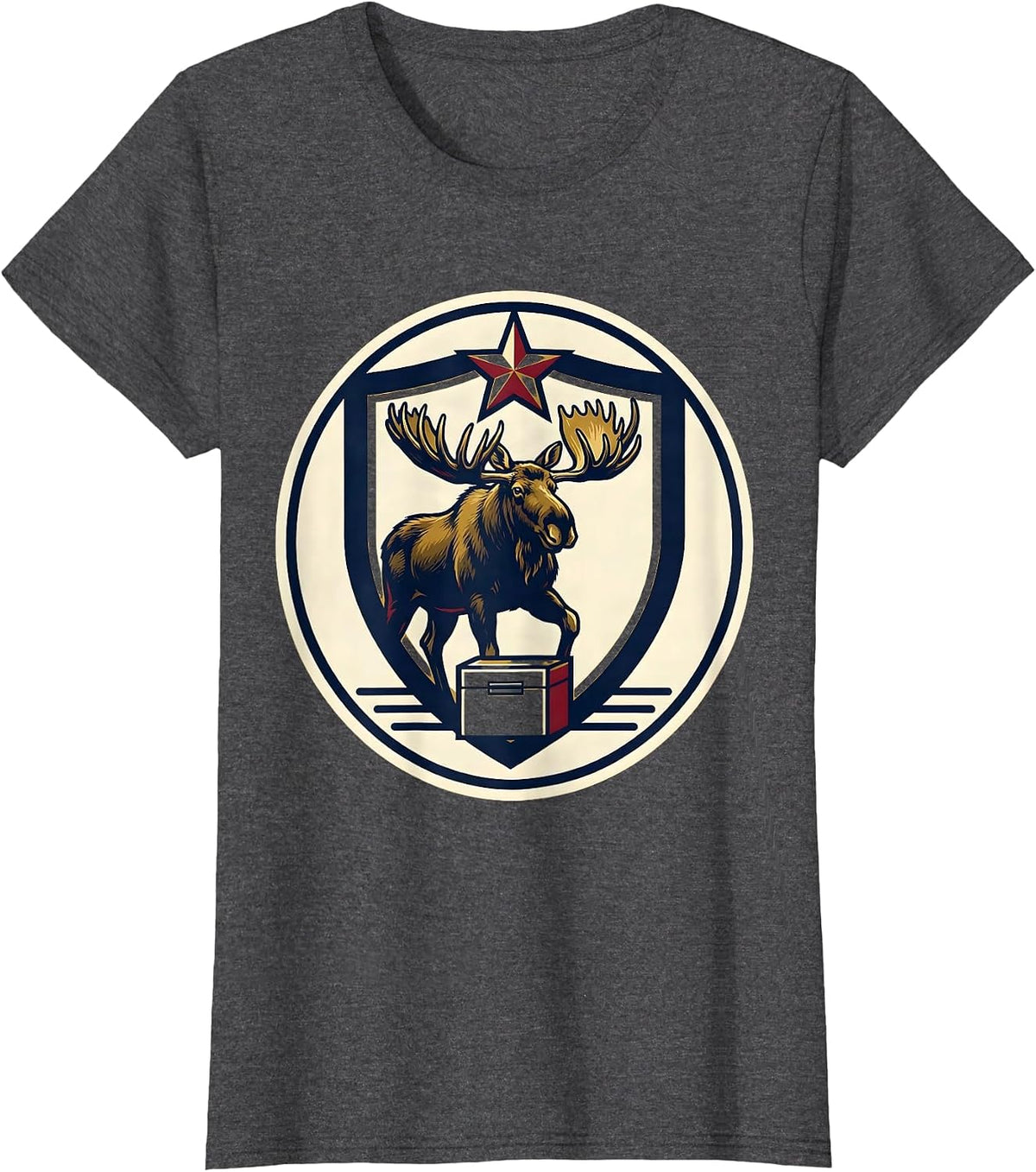 Women's Bull Moose Shield Badge Political Satire History Lover T-Shirt - Dark Heather Grey