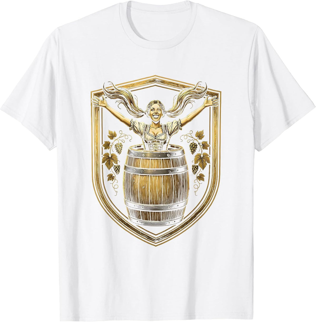 Oktoberfest Beer Barrel Pigtails Funny Illustration T-Shirt - White