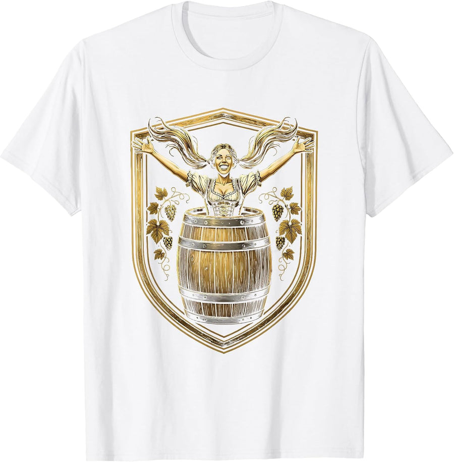 Oktoberfest Beer Barrel Pigtails Funny Illustration T-Shirt - White