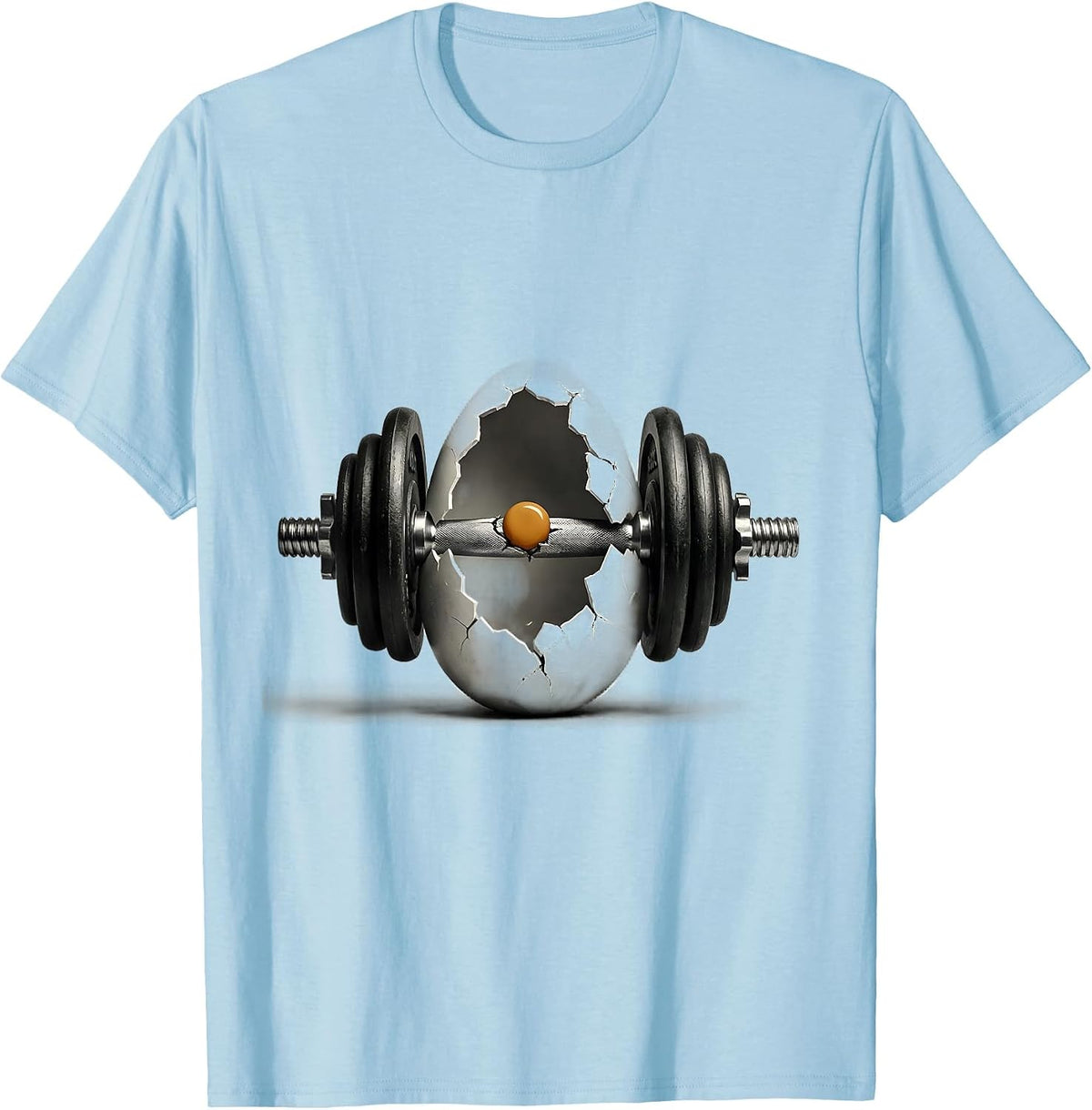 Men's Dumbbell Cracking Open Like an Egg Fitness Art T-Shirt - Baby Blue