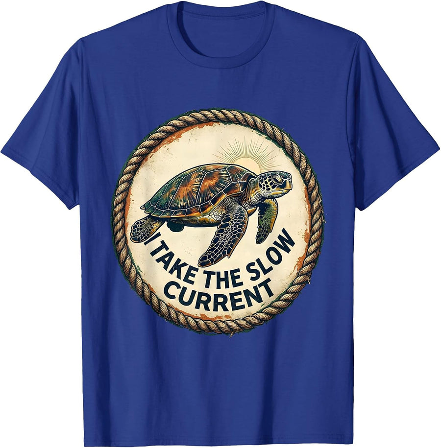 I Take The Slow Current Vintage Sea Turtle Souvenir Beach T-Shirt - Royal Blue