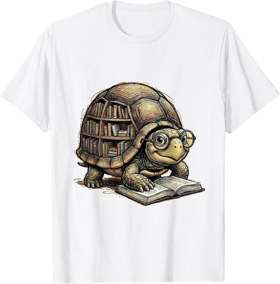 Men's Cute Turtle Bookshelf Shell Reading Glasses Teacher T-Shirt - White
