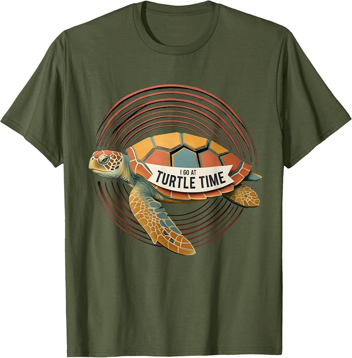 I Go At Turtle Time Paper Cutout Sea Turtle Ocean Animal T-Shirt - Olive Green
