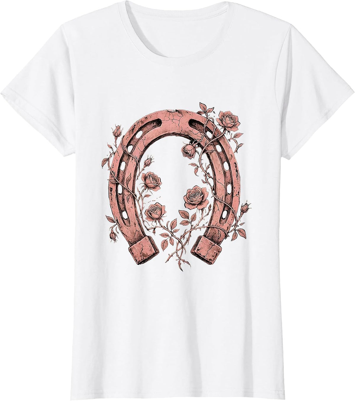 Pink Cowgirl Horseshoe Wild Roses Floral Design T-Shirt - White