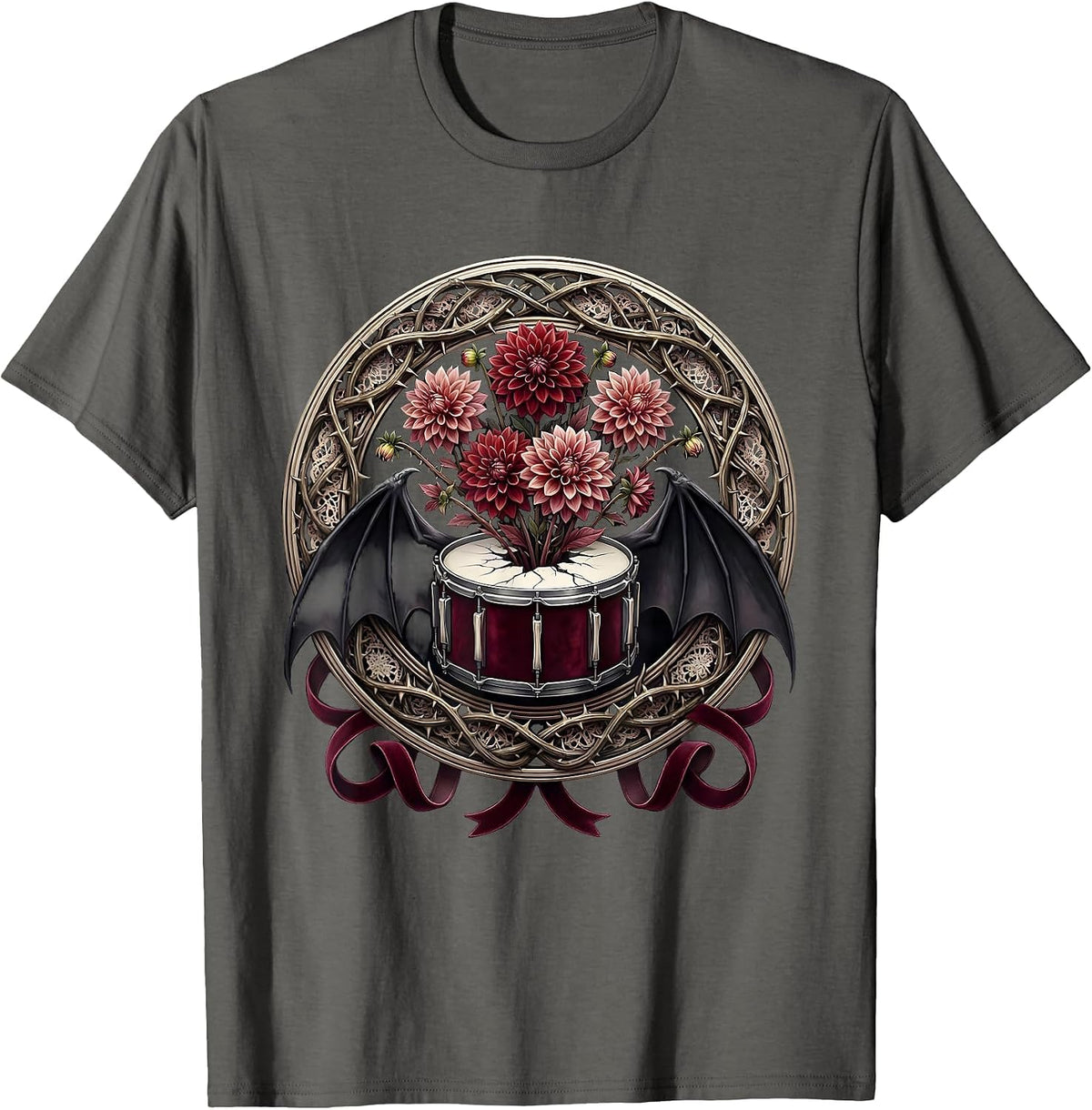 Dahlia Explosion Bass Drum Rock Floral Design T-Shirt - Asphalt Grey