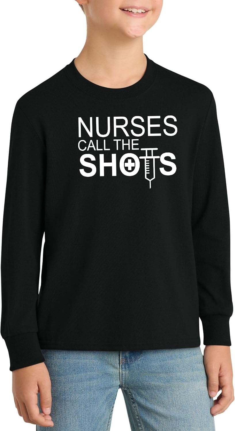 Nurses Call the Shots Funny Nurse Syringe Graphic Top Cotton Tee Adult Youth Tall Men Women - Long Sleeve Black