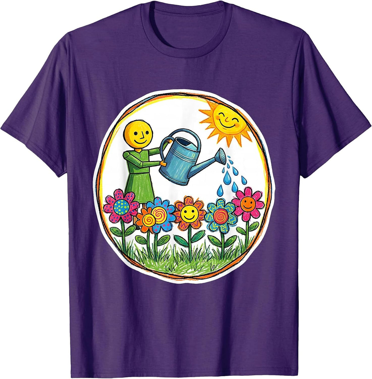 Men's Preschool Teacher Watering Children Flowers Art T-Shirt - Purple