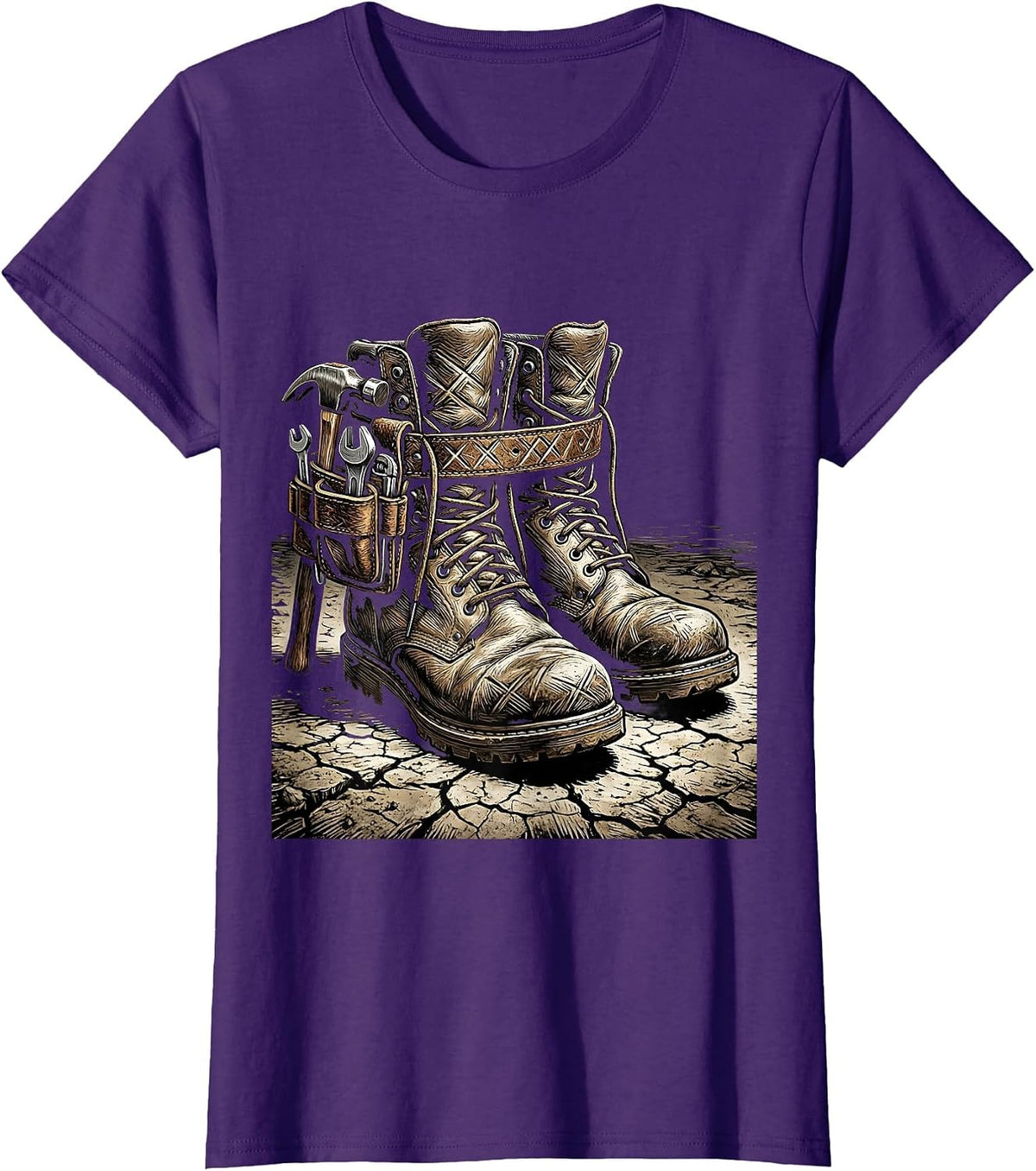Women's Work Boots and Tool Belt Dusty Ground Illustration T-Shirt - Purple