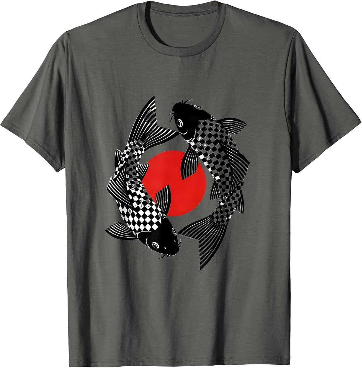 Checkered Koi Fish Swimming in Ripples T-Shirt - Asphalt Grey