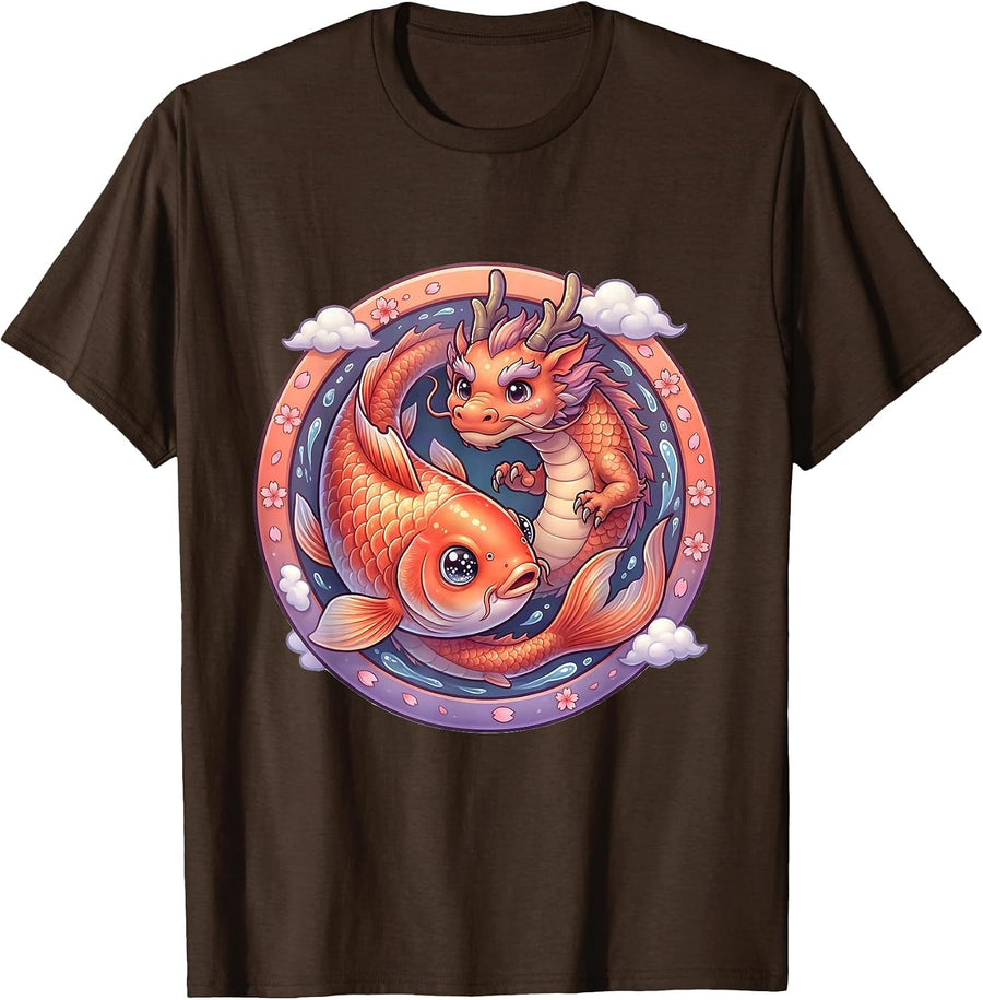 Koi to Dragon Transformation Anime Art T-Shirt - Brown