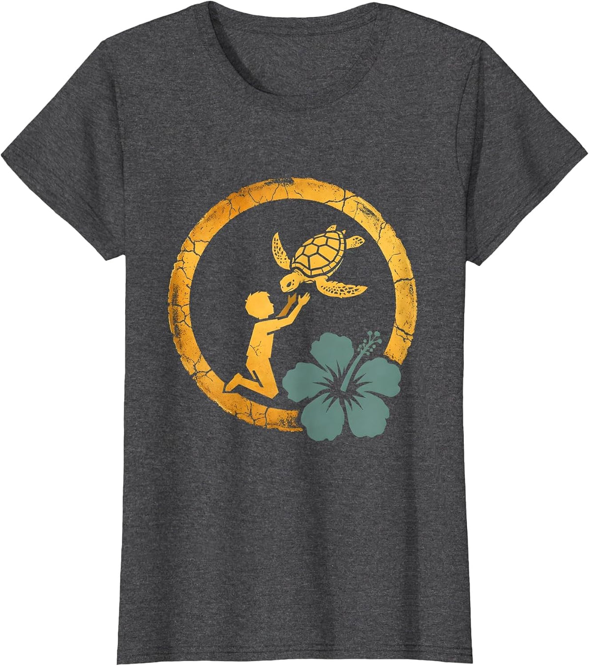 Women's Hawaiian Boy Releasing Sea Turtle Ocean Graphic T-Shirt - Dark Heather Grey