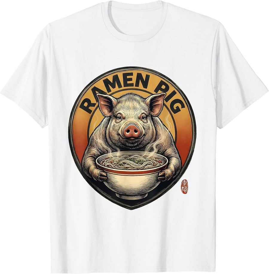 Men's Ramen Pig Funny Japanese Animal Kawaii Anime Streetwear T-Shirt - White