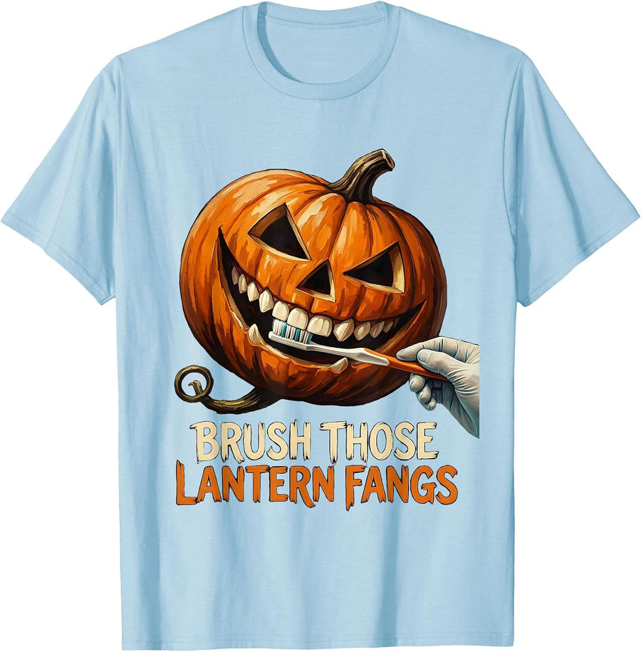 Men's Brush Those Lantern Fangs Funny Dental Hygienist Halloween T-Shirt - Baby Blue