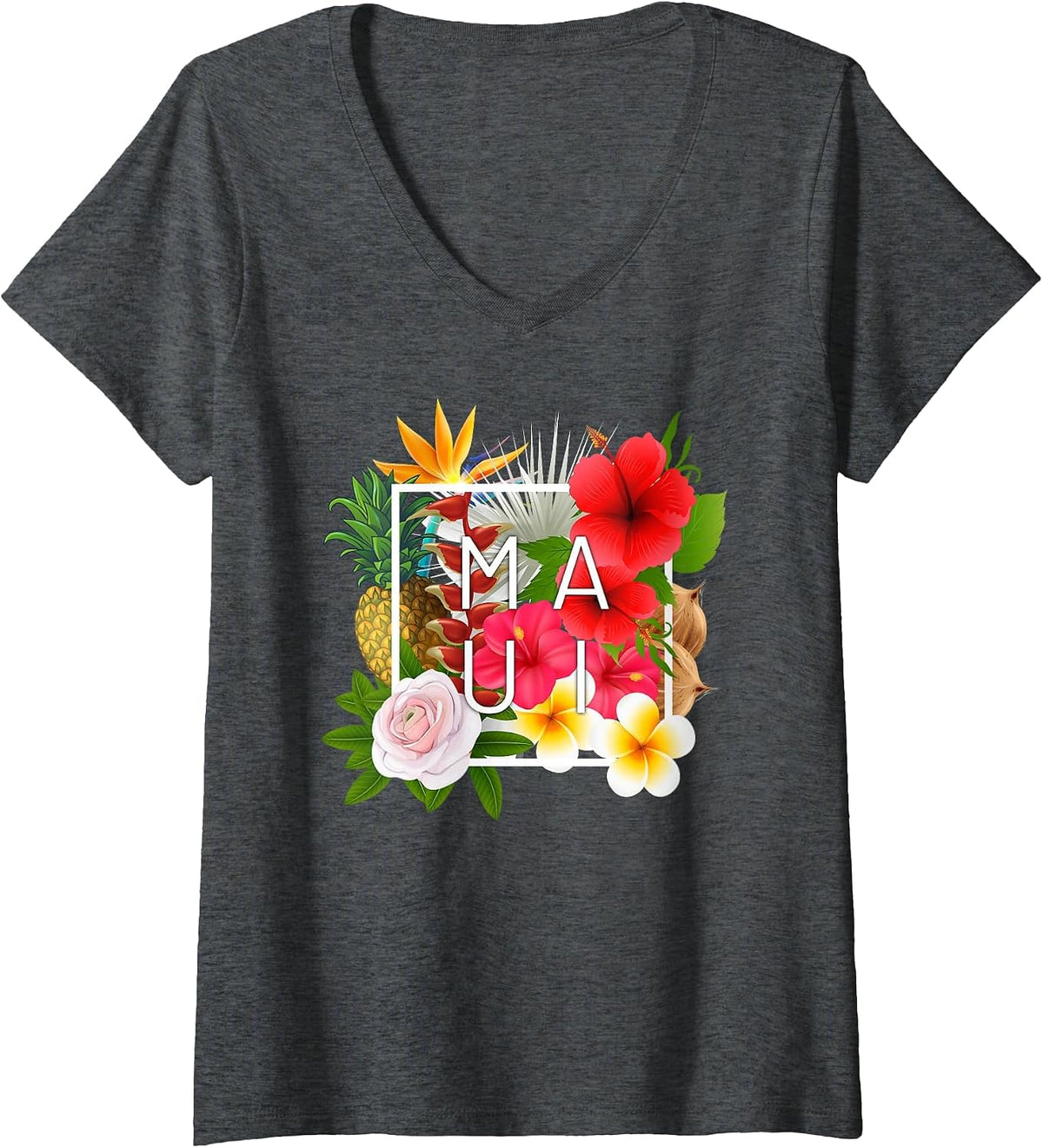 Women's Flowers of Maui Word Art - Hawaiian Island Souvenir V-Neck T-Shirt - Dark Heather Grey