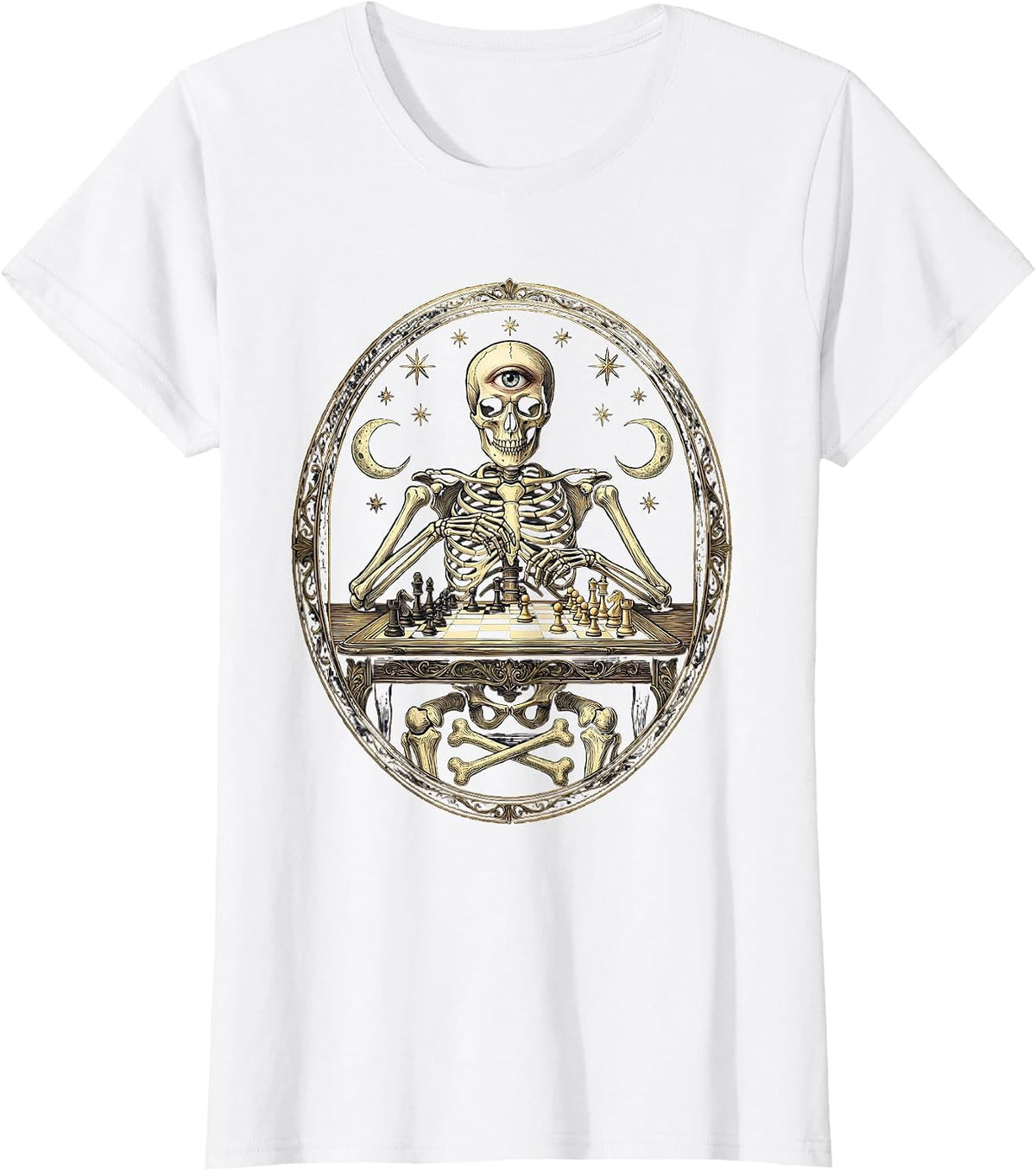 Women's Skeleton Chess Player Mid-Game Illustration T-Shirt - White
