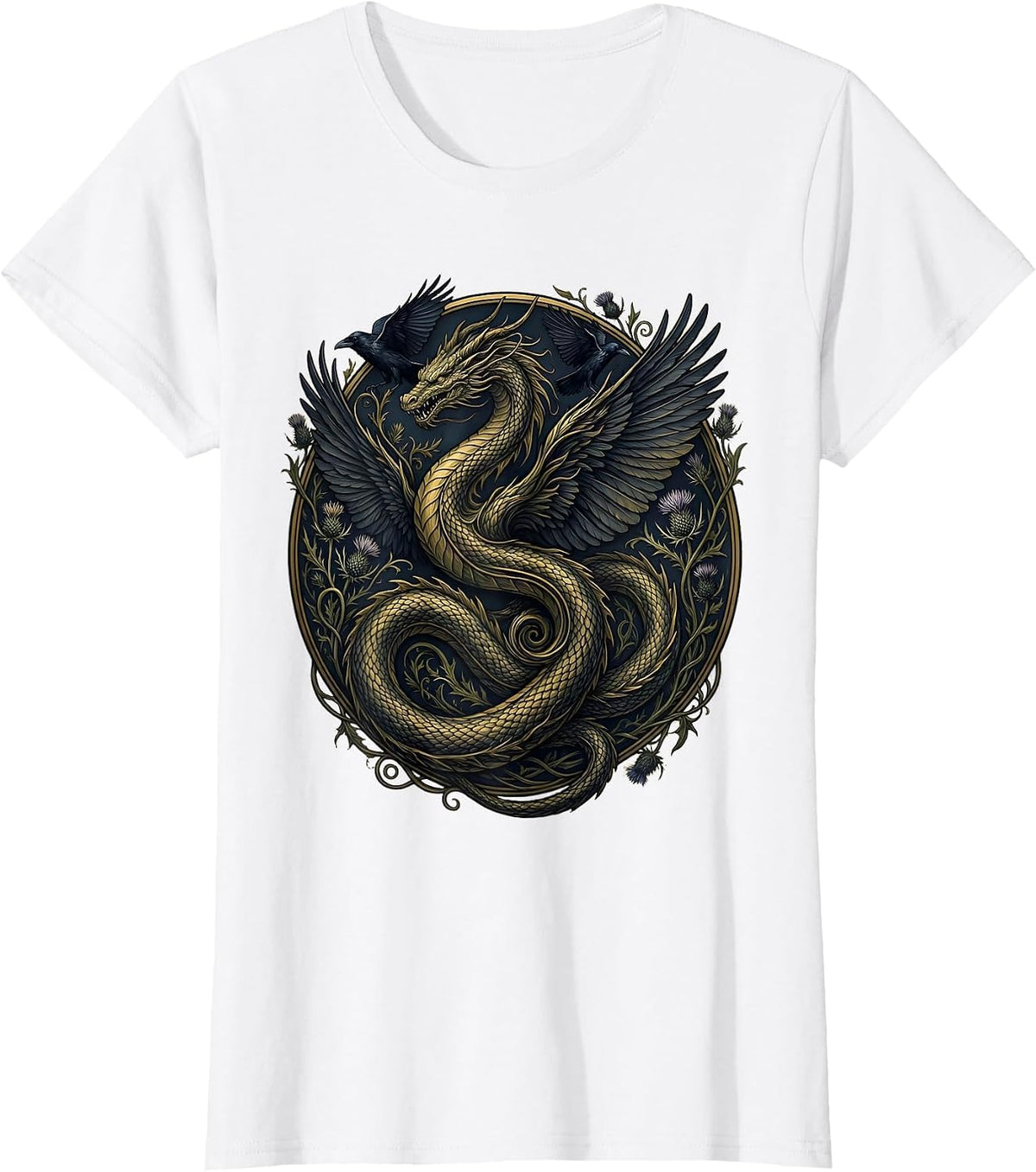 Dragon Dissolving Into Ravens Dark Fantasy Art T-Shirt - White