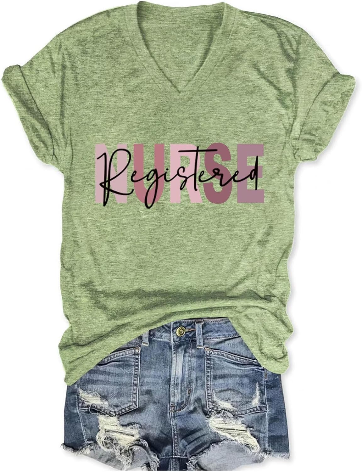 Registered Nurse V-Neck T-Shirt for Women Nurse Lover Shirts Short Sleeve Casual Tee for Medical Workers - Olive Green