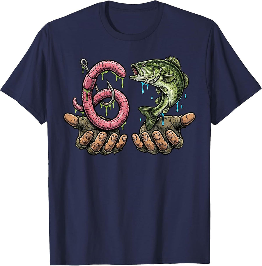 Fishing 67 Six Seven Meme Bass Fish Worm Hook Angler T-Shirt - Navy Blue