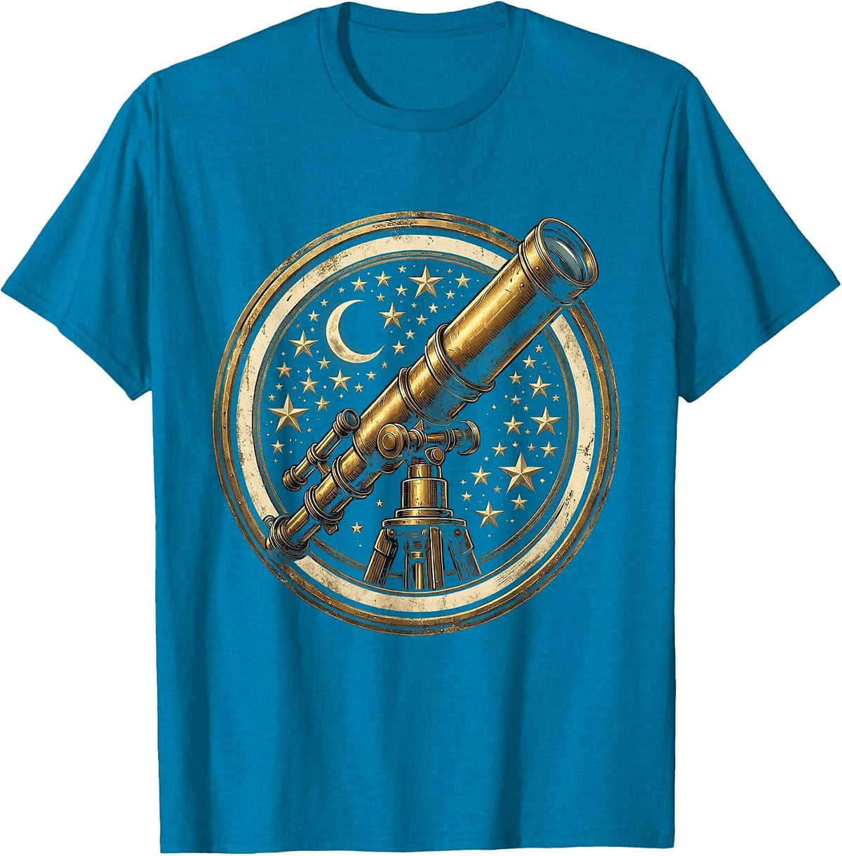 College Stargazing Telescope Night Sky Illustration T-Shirt - Sapphire Blue
