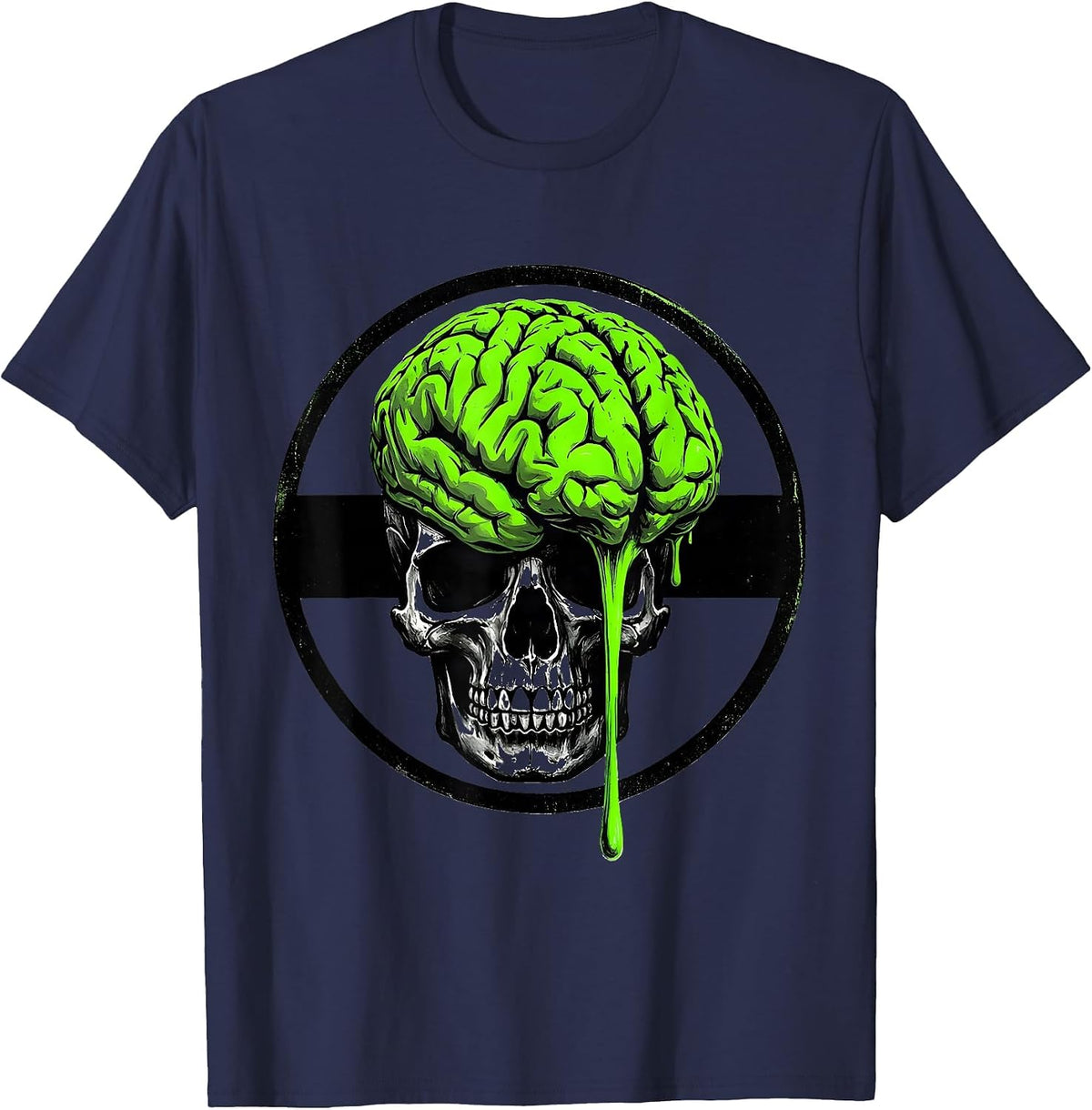 Brain Melt Skull Graphic - Funny Mind Blown Art T-Shirt - Navy Blue