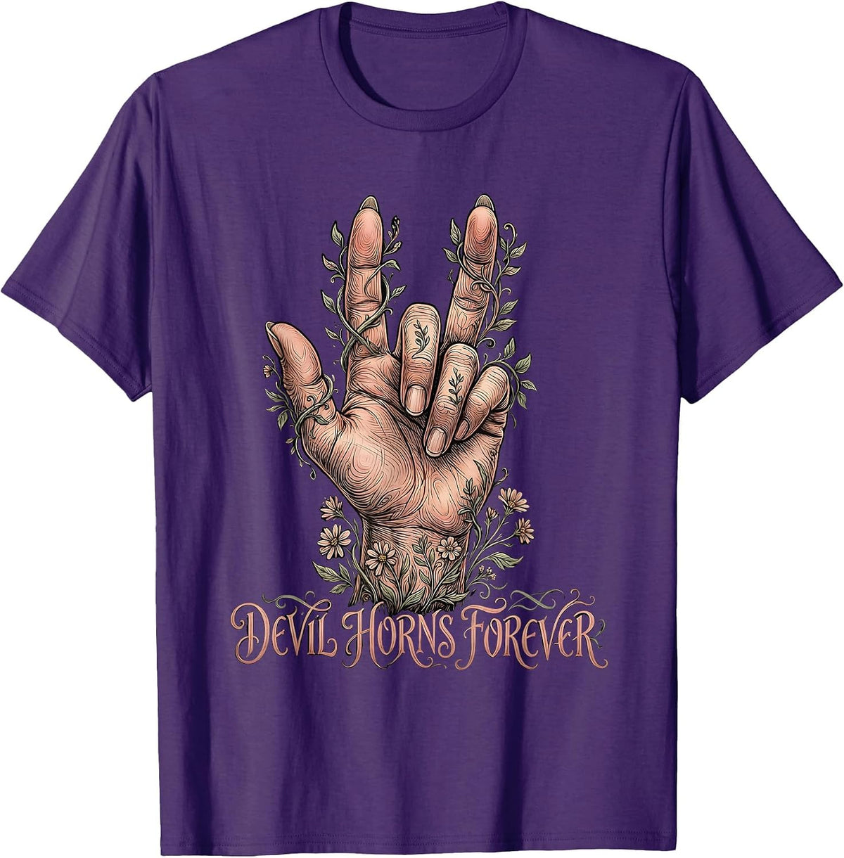 Devil Horns Forever Heavy Metal Design T-Shirt - Purple