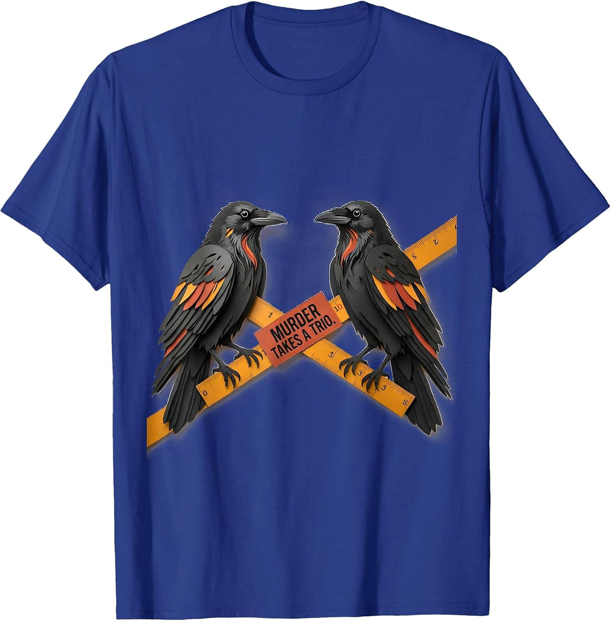Murder Takes A Trio Paper-Cutout Crow Humor Gothic Literary T-Shirt - Royal Blue