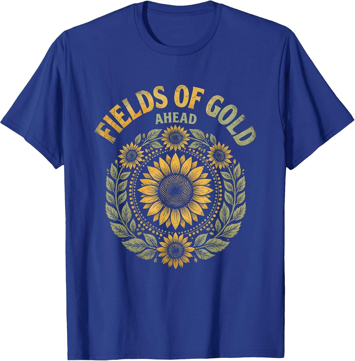 Fields of Gold Ahead Sunflower Floral Design T-Shirt - Royal Blue