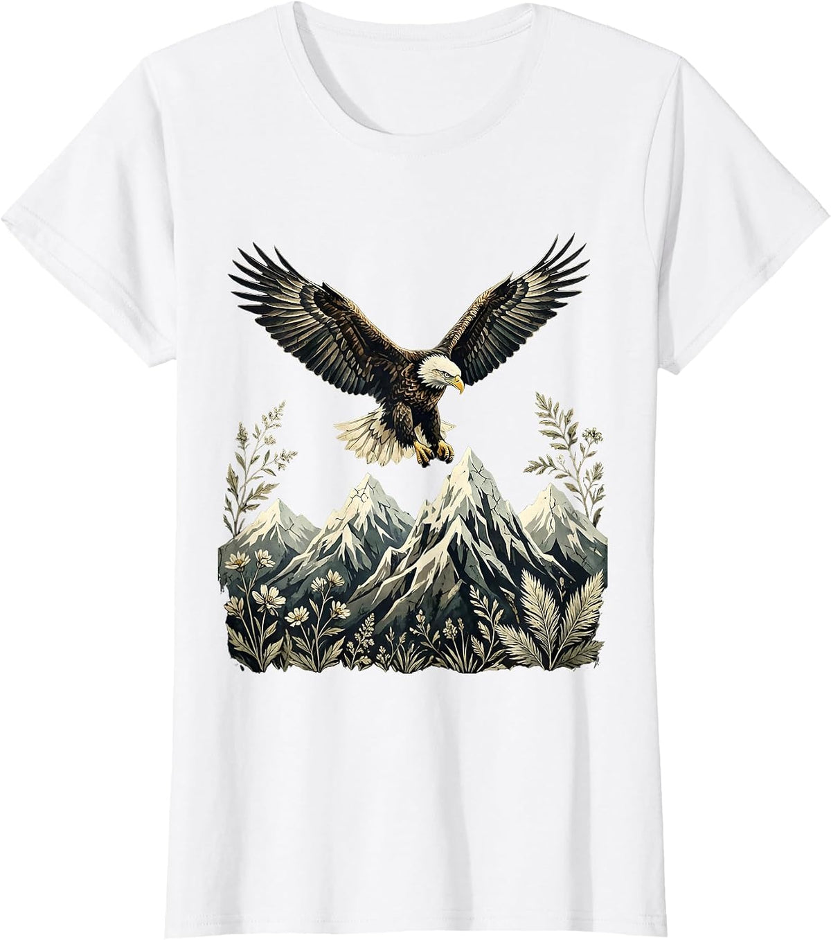 Women's Bald Eagle Soaring Over Snow-Capped Mountains T-Shirt - White