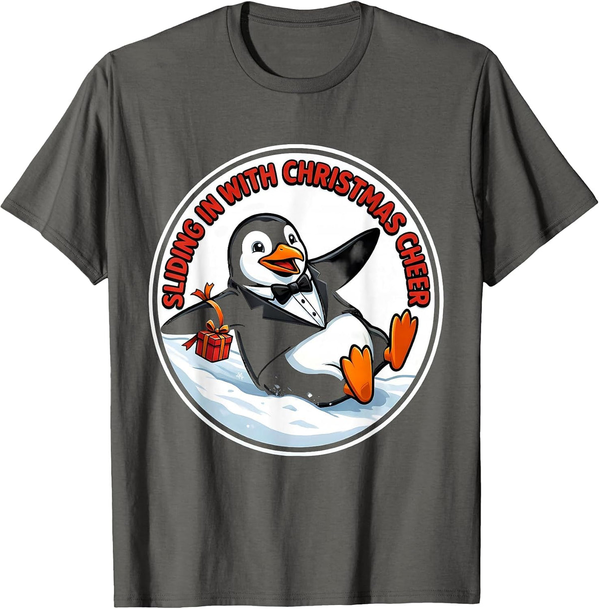 Men's Sliding In With Christmas Cheer Funny Penguin Lover Gift T-Shirt - Asphalt Grey