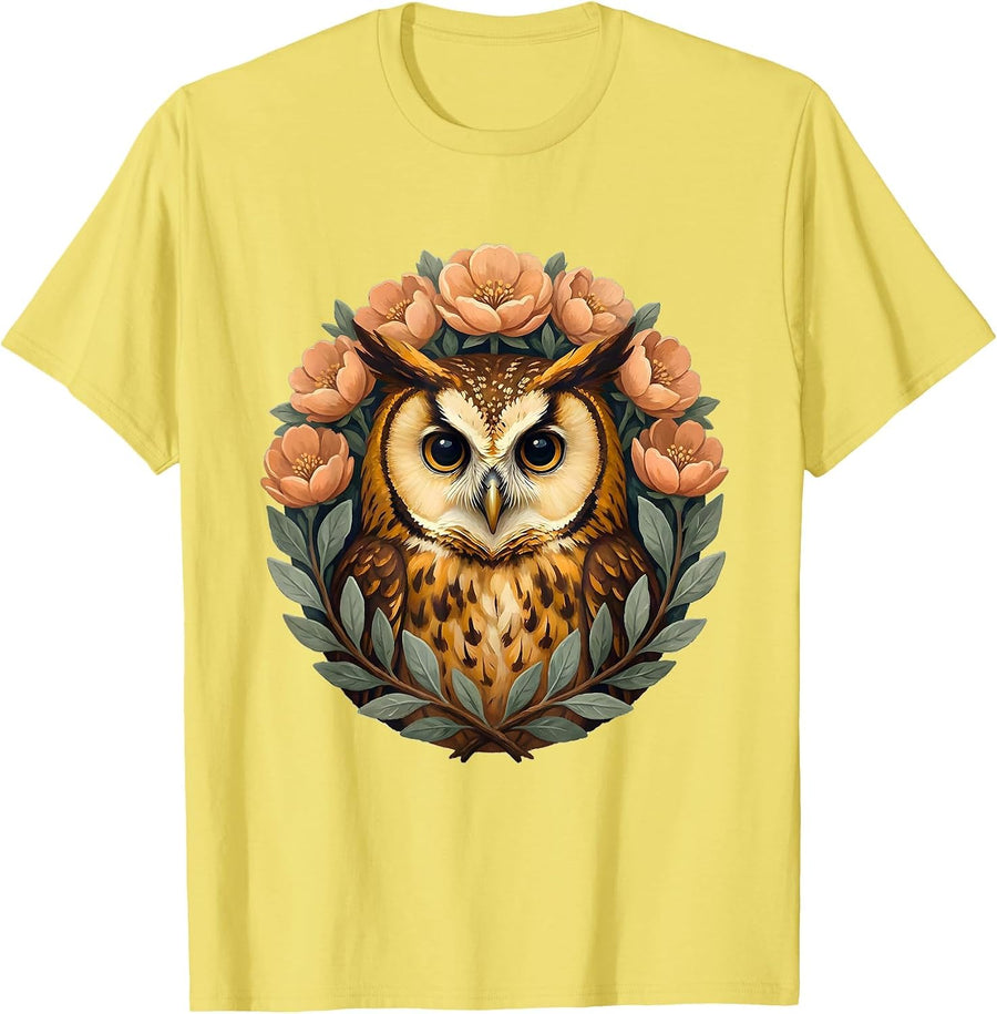 Men's Owl Floral Wreath Cottagecore Aesthetic Nature Lover T-Shirt - Lemon Yellow