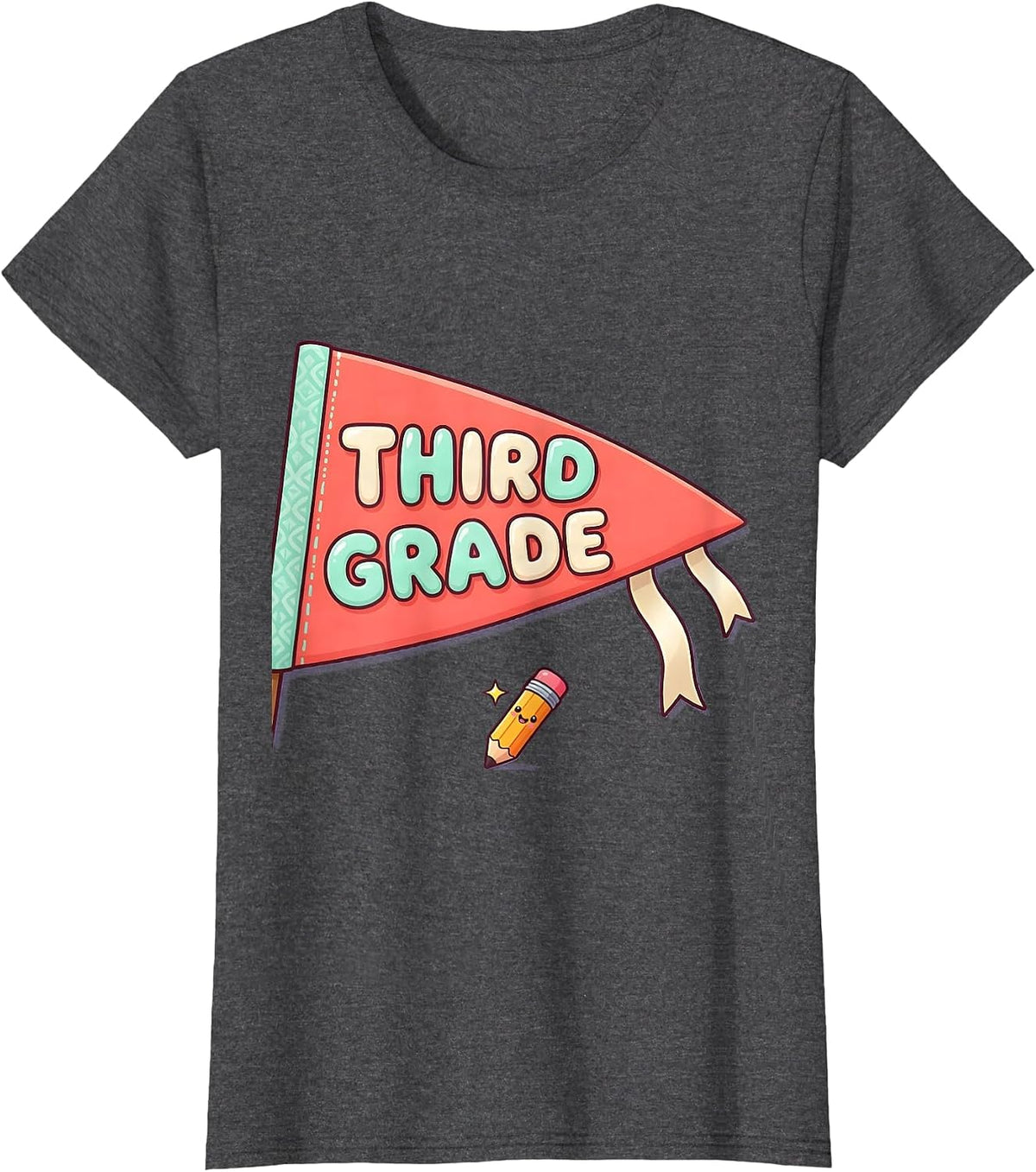 Women's Third Grade Cute Kawaii Back To School Pennant Flag T-Shirt - Dark Heather Grey