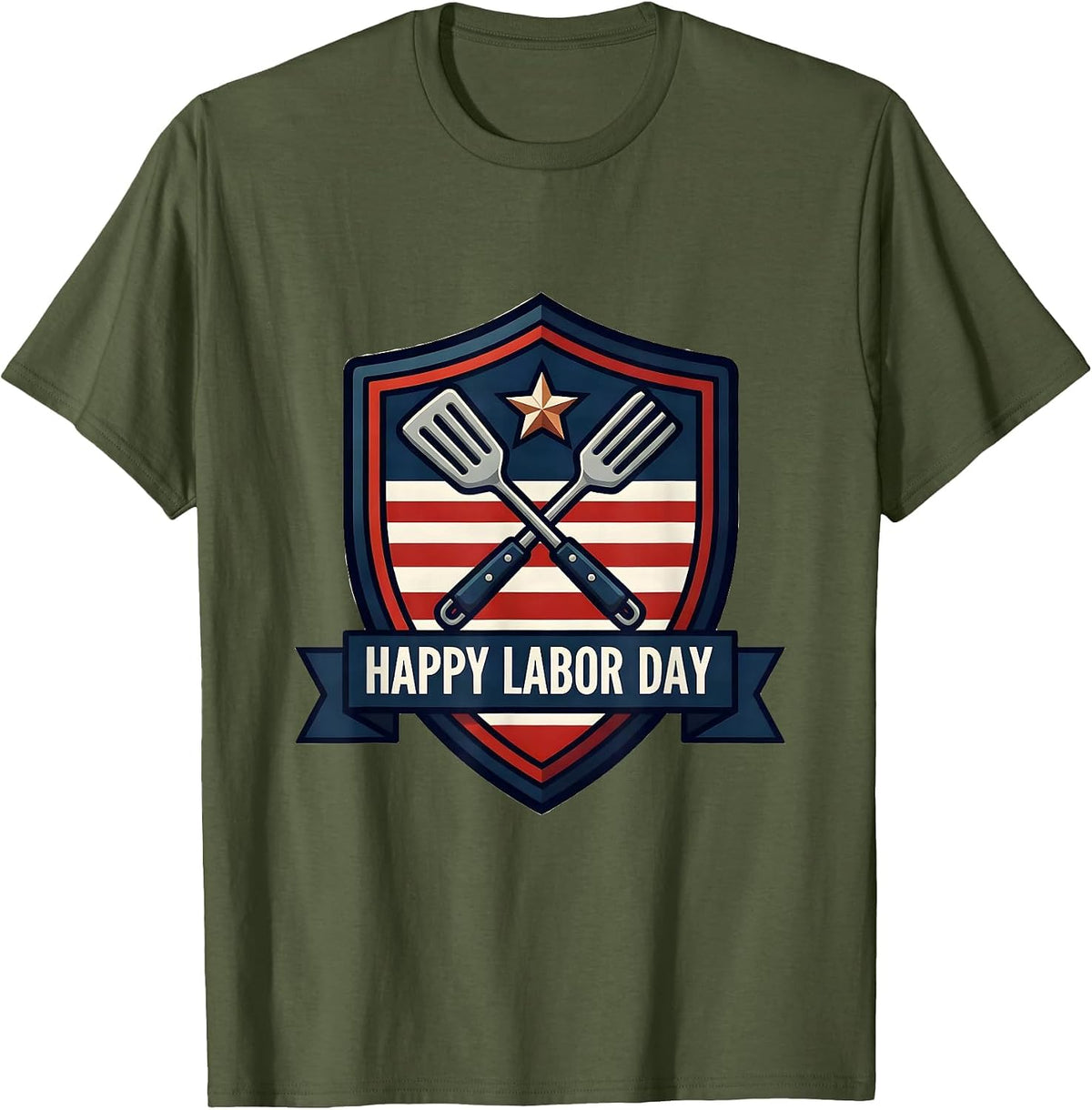 Men's Happy Labor Day Patriotic Americana Shield Emblem BBQ Gift T-Shirt - Olive Green