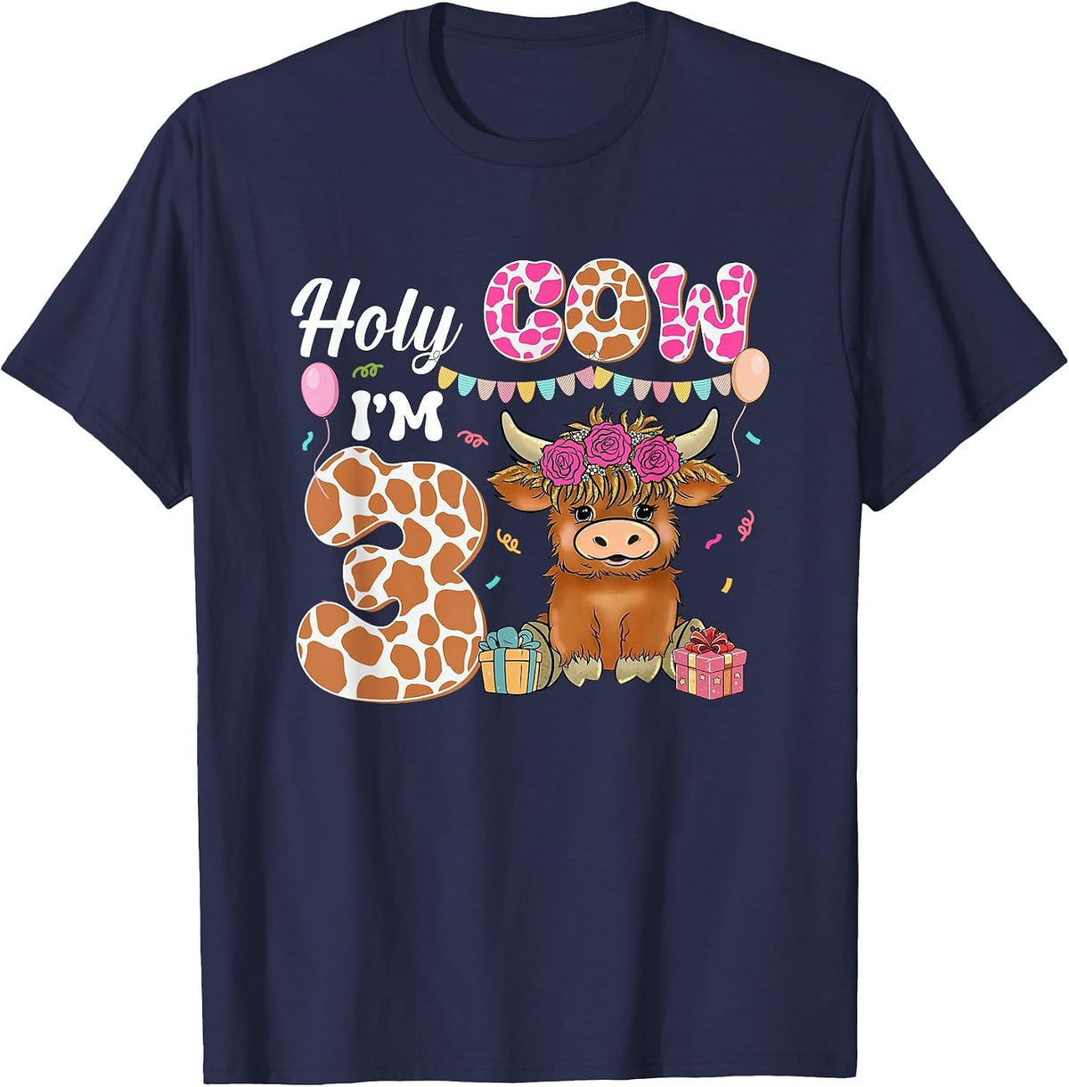 Holy Cow I'm 3 Highland Cow Farming 3rd Birthday 3 Years Old T-Shirt - Navy Blue
