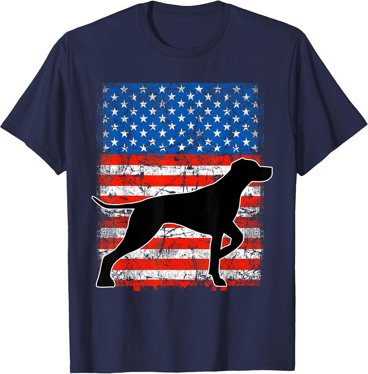 German Short-haired Pointer Dog Silhouette American Flag T-Shirt - Navy Blue
