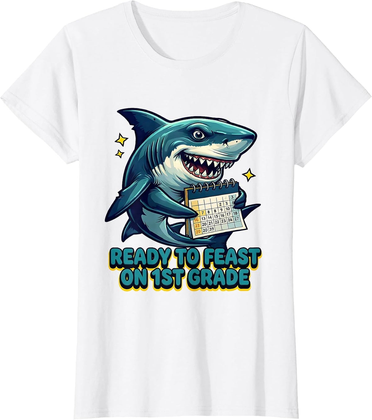 Ready To Feast On 1st Grade Bold Bubbly Shark Back To School T-Shirt - White
