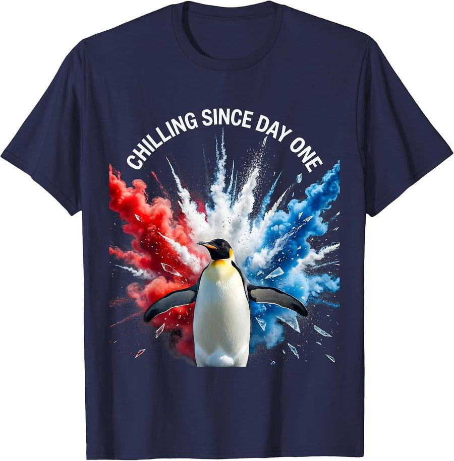 Chilling Since Day One Penguin Graphic Design T-Shirt - Navy Blue
