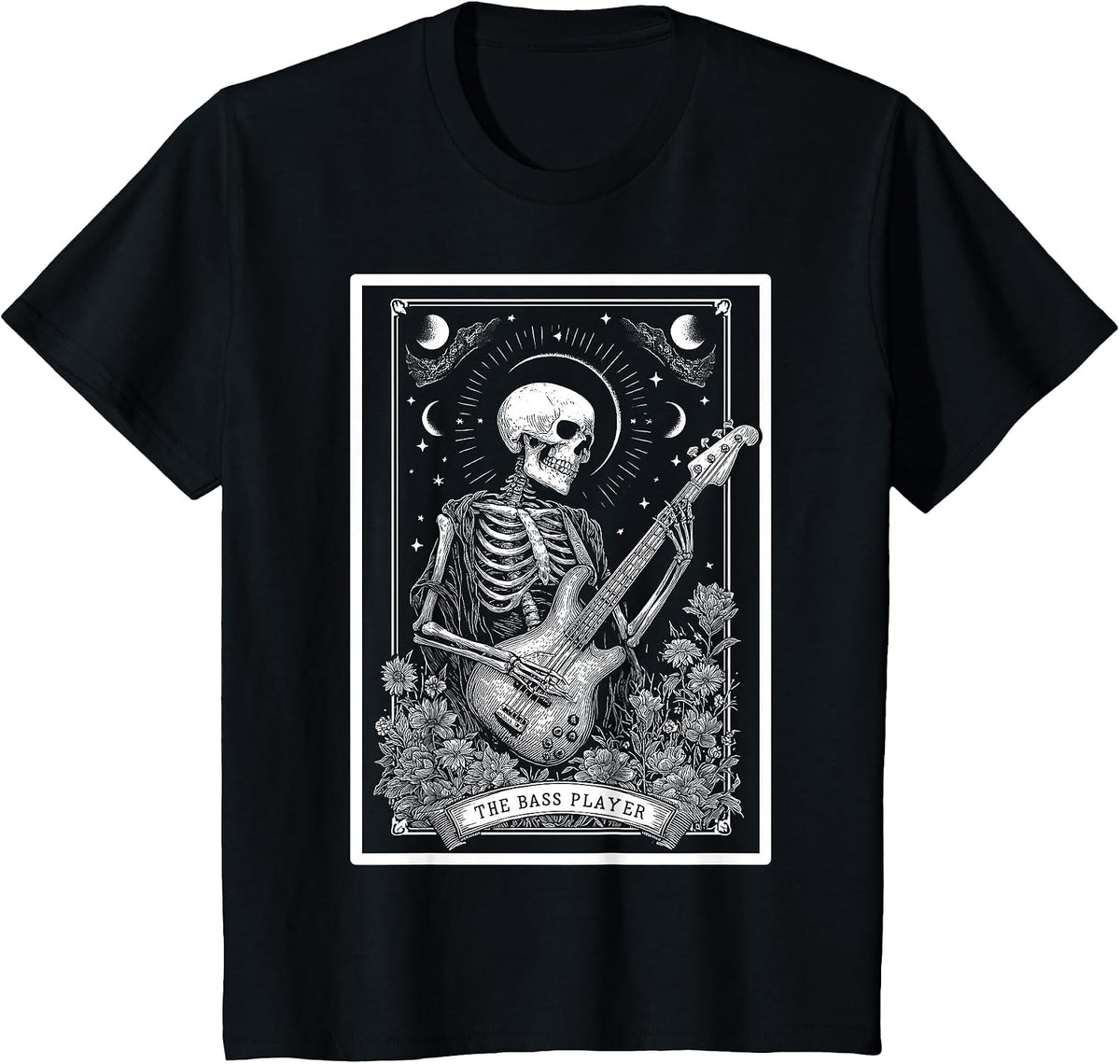 The Bass Player Bassist Guitarist Guitar Tarot Card Skeleton T-Shirt - Black
