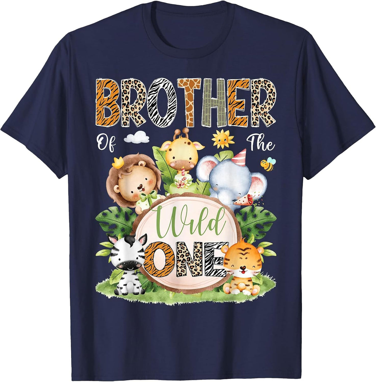 Brother of The Wild One 1St Birthday Kids Safari Jungle T-Shirt - Navy Blue
