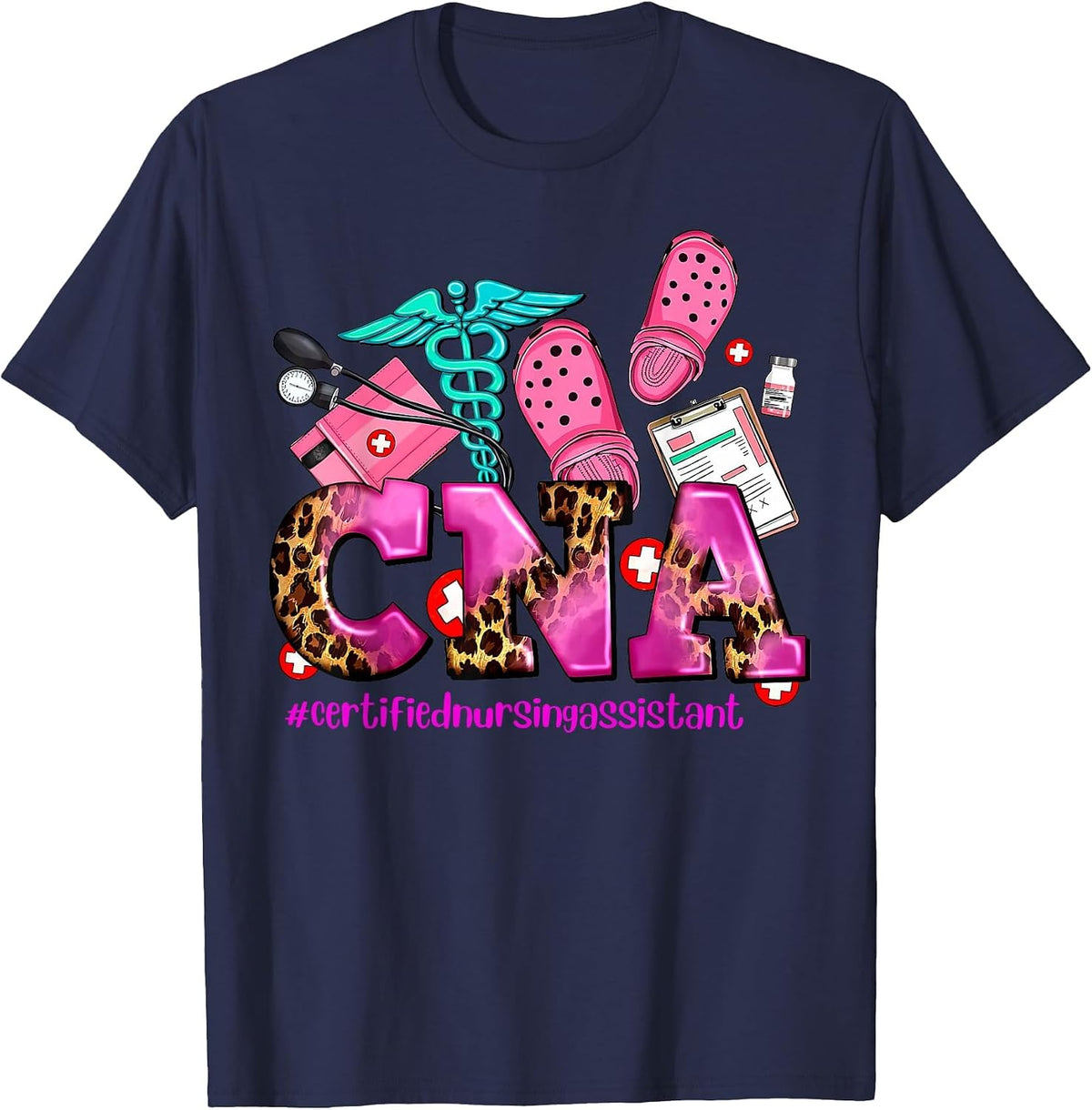 CNA Certified Nursing Assistant Leopard Registered Nurse T-Shirt - Navy Blue