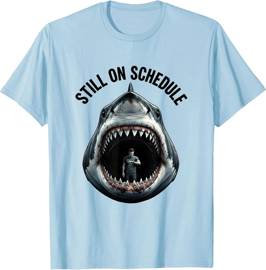 Men's Still On Schedule Funny Shark Jaw Halloween Costume T-Shirt - Baby Blue