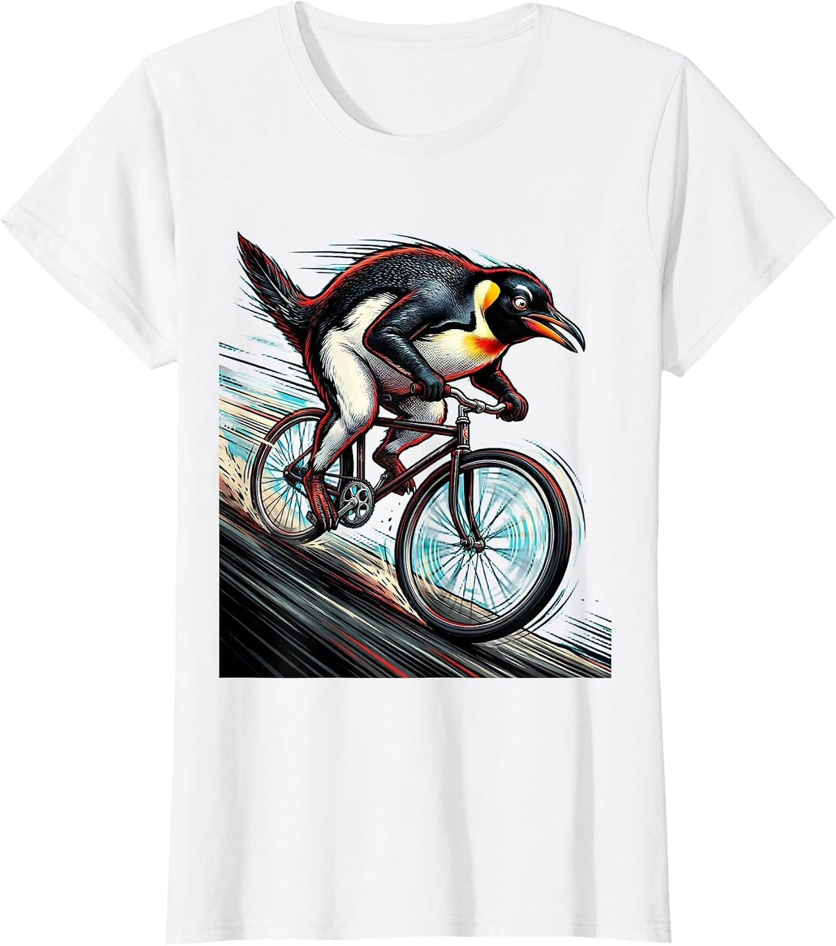 Women's Penguin Downhill Bicycle Rider Graphic Tee T-Shirt - White