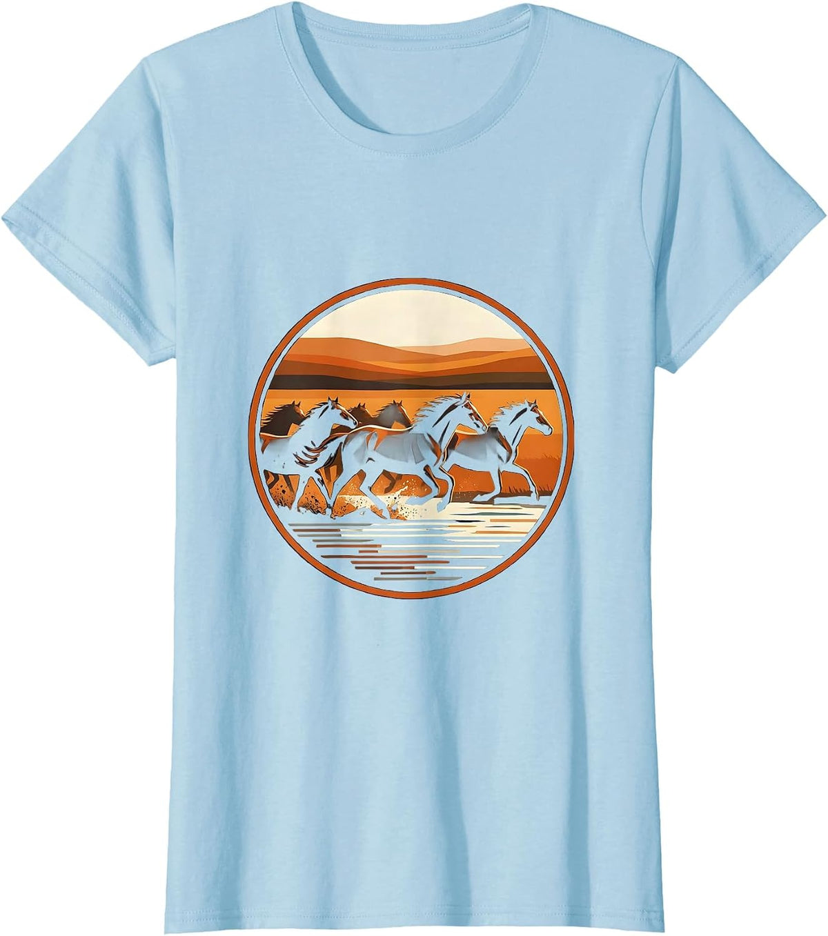 Wild Horse Herd Stampede River Crossing Illustration T-Shirt - Baby Blue