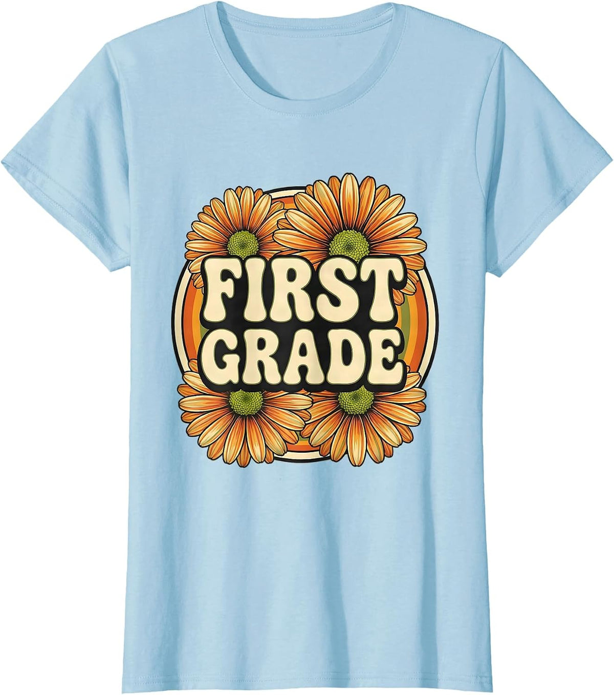 Women's FIRST GRADE Retro Flower Power Squared First Grade Back To T-Shirt - Baby Blue