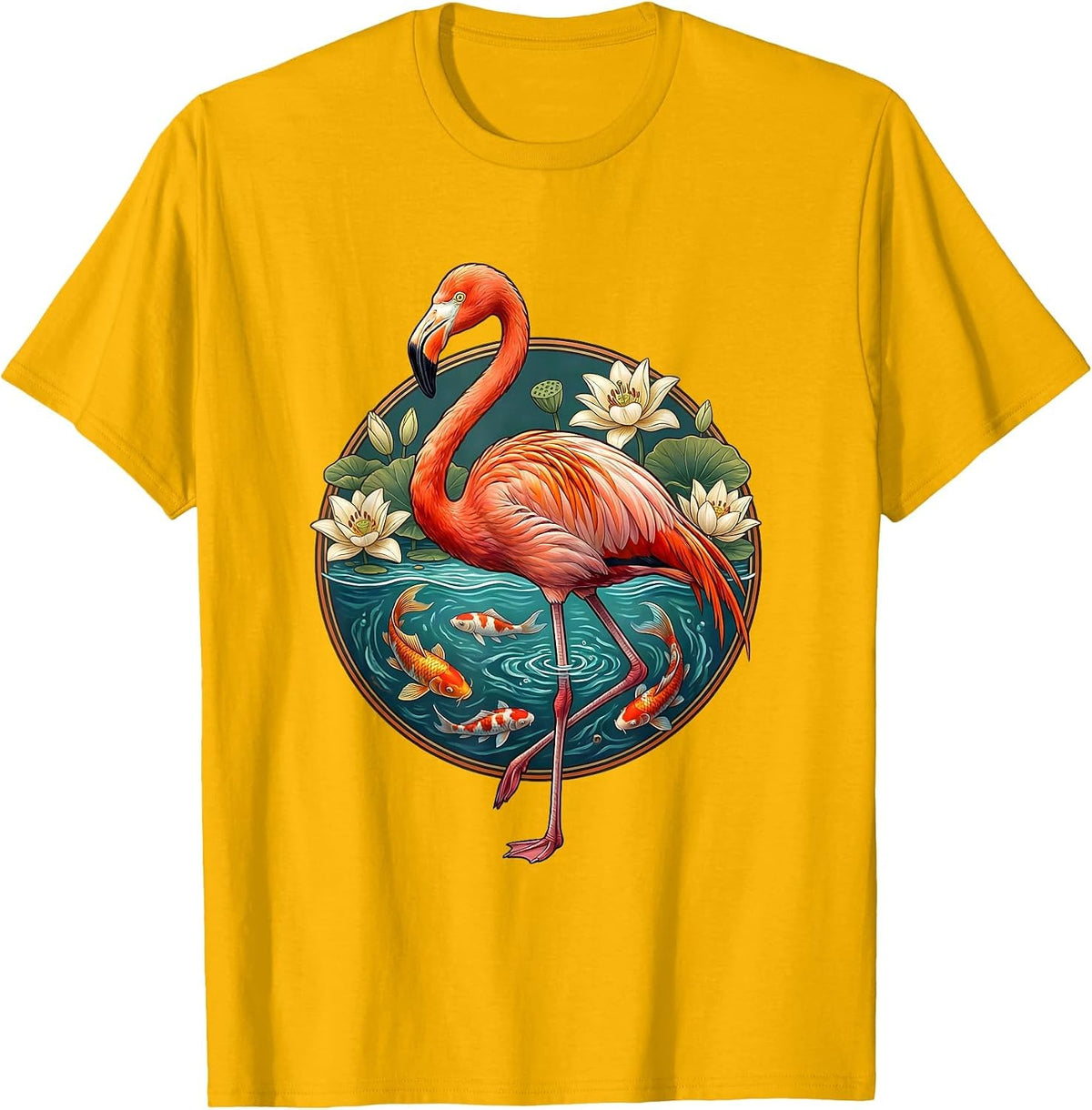 Flamingo and Koi Fish Harmony Graphic Design T-Shirt - Golden Yellow